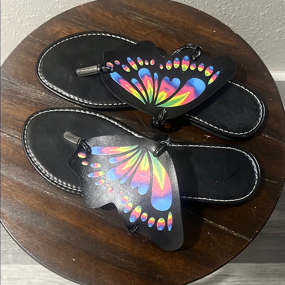 Vibrant Butterfly Black Sandals